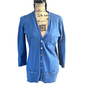 NWOT Anne Klein Blue Button Down Cotton V Neck Cardigan Sweater Size Large